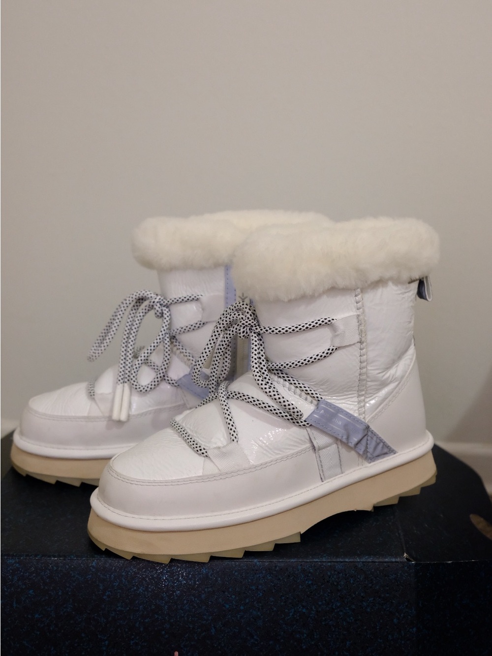 White Faux-Fur Winter Ankle Boots with Tan Sole